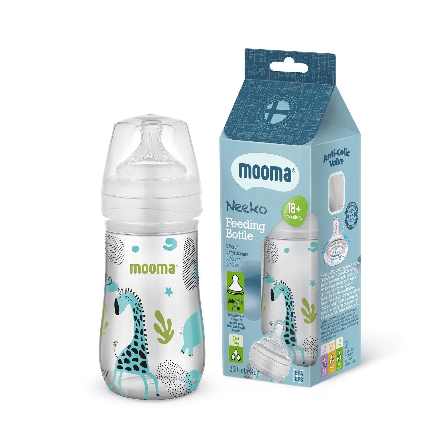 Neeko Antikolik Biberon 250ml 18+ Ay Hızlı Akış - Hayvan Desenli